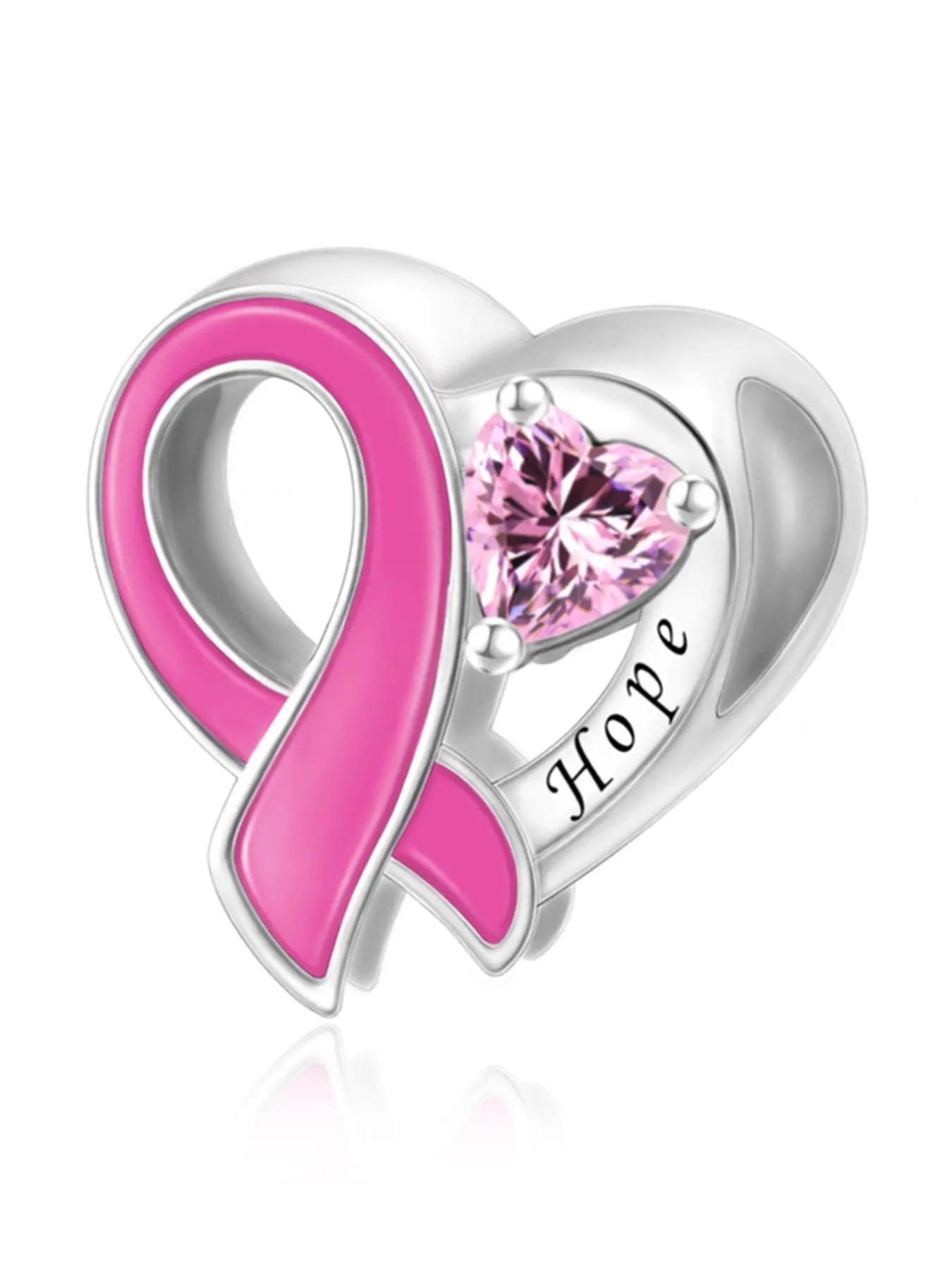 Copper Plated Silver Color Heart Charm, Breast Cancer Awareness Jewelry, Hope Engraved Zircon Embedded, Perfect Gift for Friends