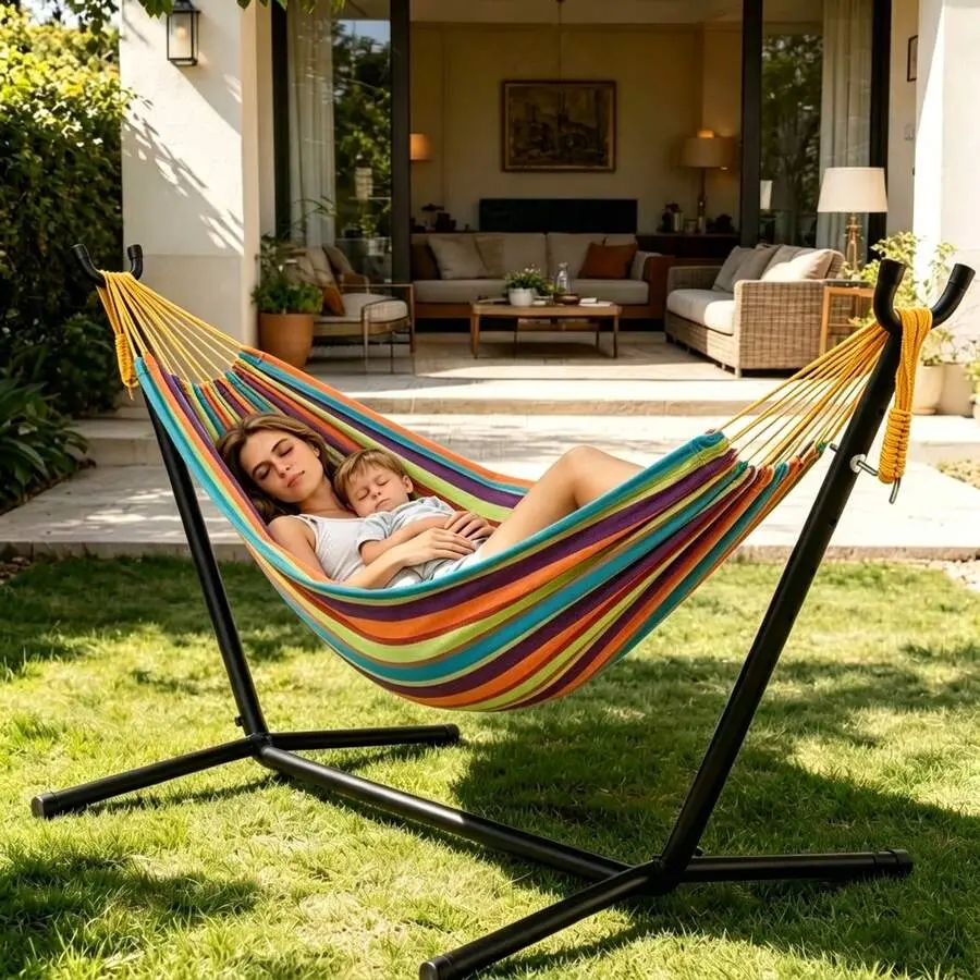 Camping 2-Person Hammock 600LBS, Portable Steel Stand Set For Outdoor Lawn Terrace, Rainbow Stripe
