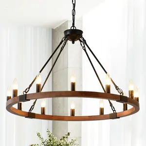 31.5 INCH Wood Wagon Wheel Chandelier Modern Farmhouse  Pendant Light 12-Light Ceiling Hanging Lighting Fixtures for Living Room Dining Room Kitchen Island Foyer--NO INCLUDED BULBS--WOOD + Matte Black
