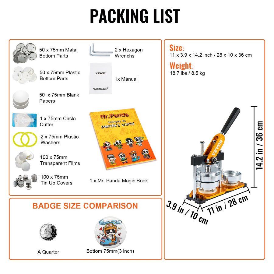 VEVOR Button Maker Machine, 75 mm (3 inch) Badge Punch Press Kit, Children Gifts Maker, Button Making Supplies with 100pcs Button Parts Circle Cutter Magic Book