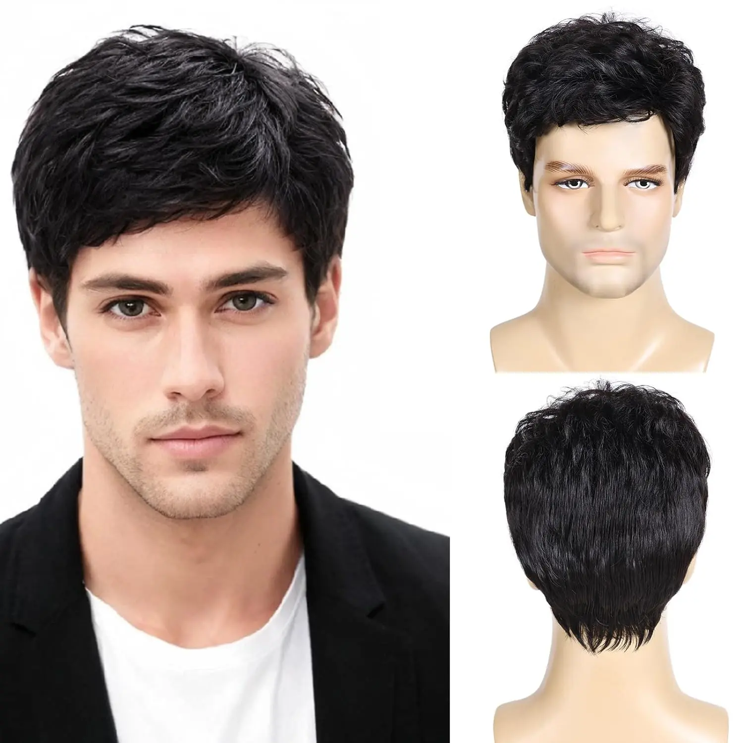 Men's Synthetic Full Machine Wig, Black Short Curly Hair, Natural Fluffy, Daily Style Fashion Accessory