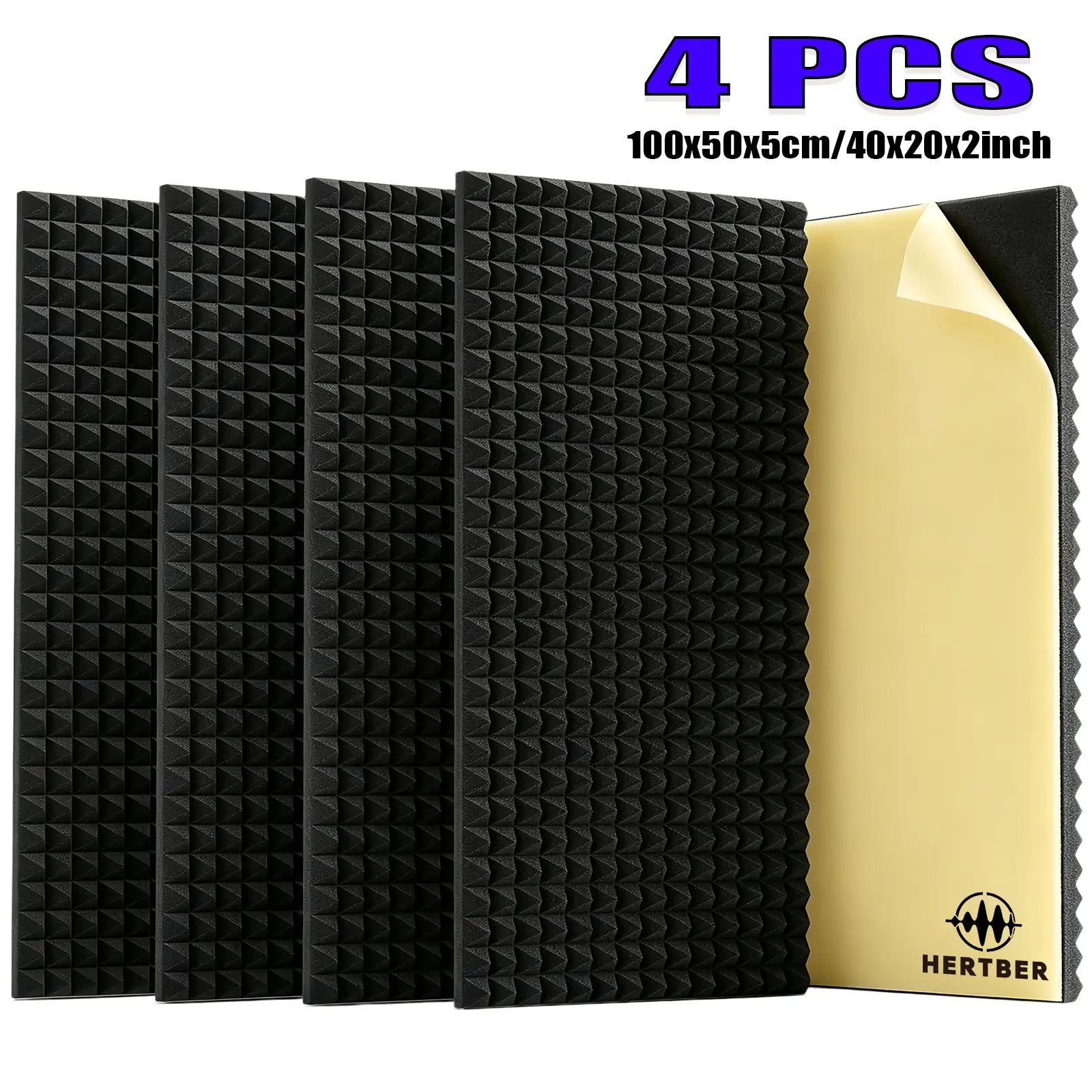 4Pcs Self‑Adhesive Large‑Size Acoustic Foam Panels 100×50×5cm Black High Density Soundproof Wall Panels for Recording Studio, Home Theater, Studio, Meeting Room, Gaming Room, Dual‑Function for Sound Absorption & Wall Decoration