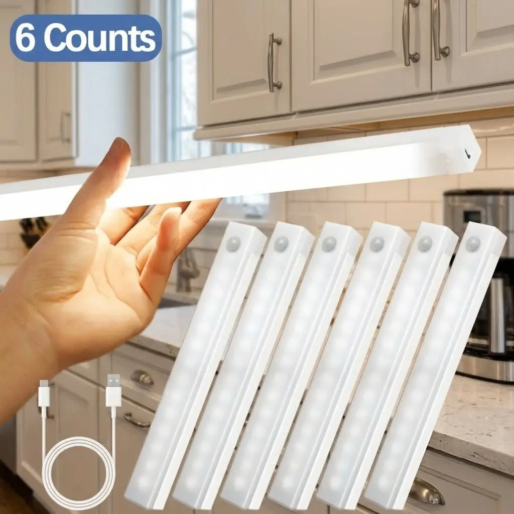 6-Pack Under-Cabinet LED Lights, Magnetic Rechargeable Motion Sensor Lighting for Kitchen, Bedroom, Wardrobe, Sink Area, Home Decor Accessories, Valentines Day Gift,summervibes  Mother's Day Gift
