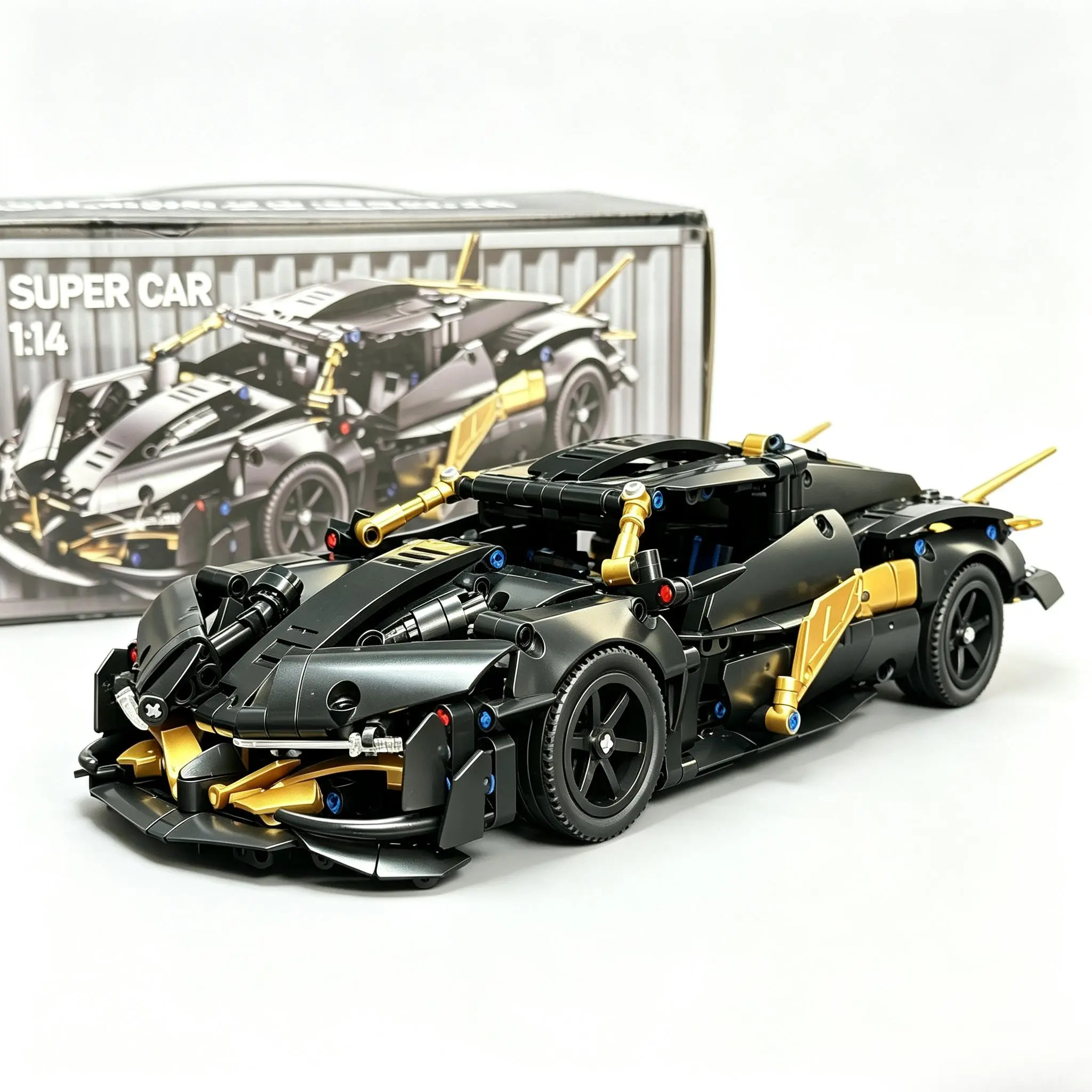 1:14 Unisex ABS Plastic Highly Restored Black Gold Supercar Building Blocks Model, STEM DIY Construction Learning Kit for 6+ Yrs, Collectible Desktop Display Ornament, Birthday Holiday Gift