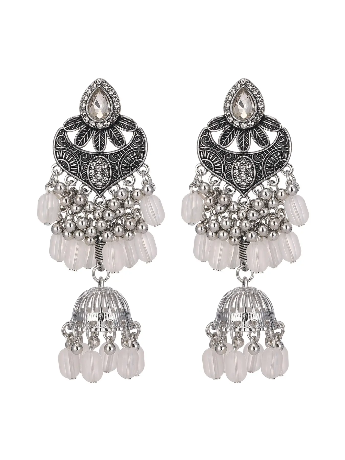 1 Pair Antique Silver Indian Jhumka Earrings for Women, Vintage Oxidized Rhinestone Bell Drop Dangle Earrings with Frosted Bead Tassels, 10 Colors Available, Bollywood Boho Tribal Festival Accessories