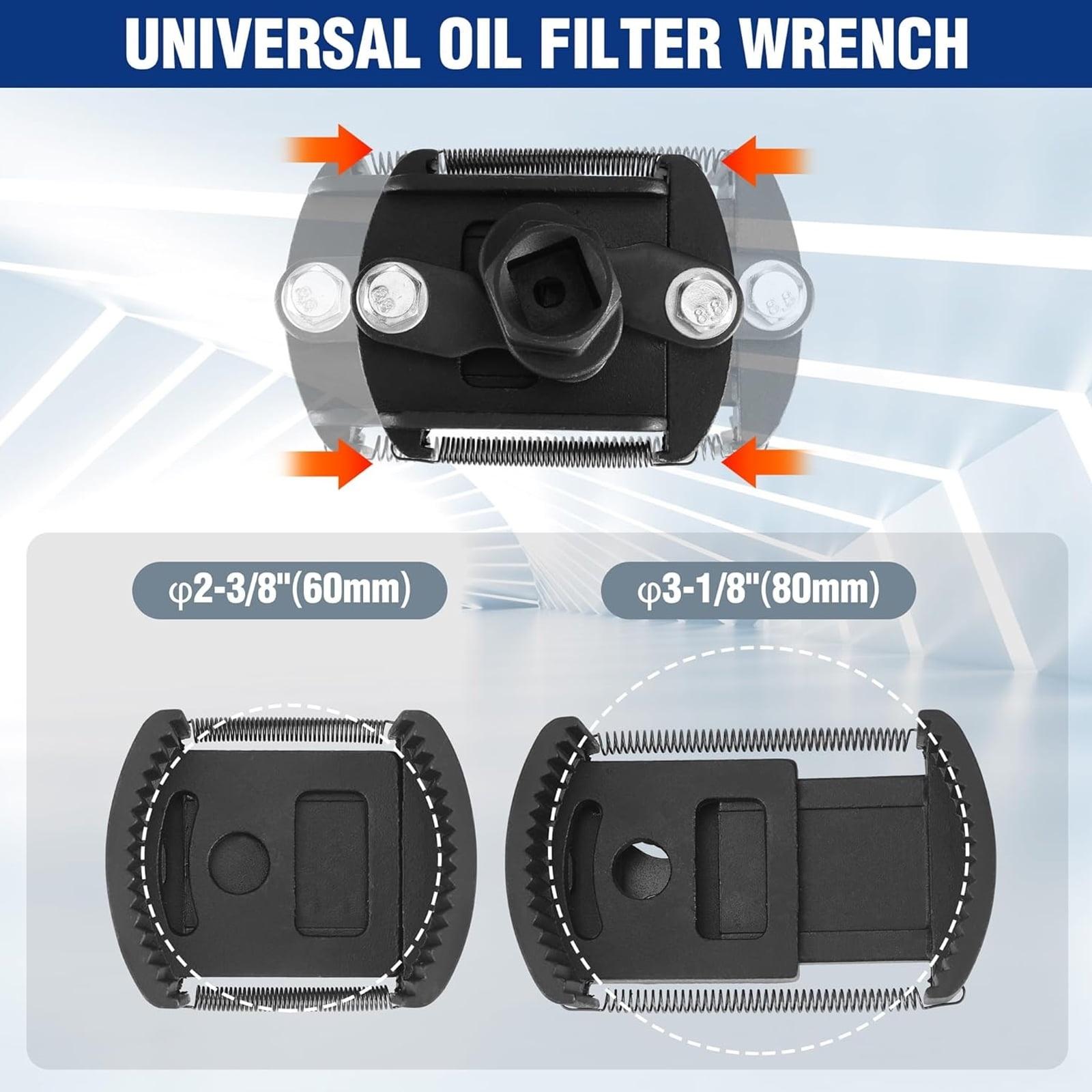 Universal Self Adjusting Oil Filter Removal Tool Heavy Duty Anti Slip Jaw Fits 60mm 80mm Spin On Filters with 12 Inch Drive for Easy Car Truck Oil Change