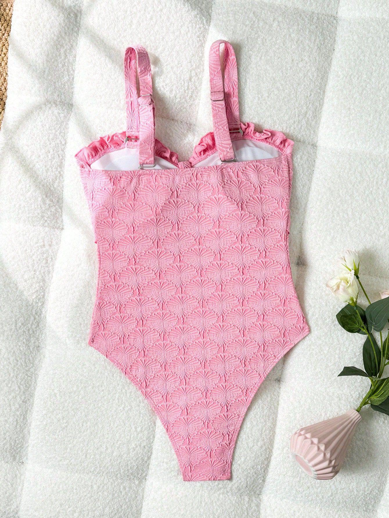 Cute & Feminine Pink One-Piece Swimsuit – Bow Tie & Ruffle Design