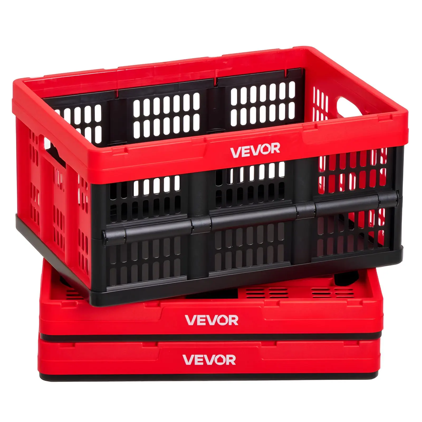 VEVOR 3-Pack 32L Plastic Collapsible Crates, Stackable Folding Bins with Handles, 26 lbs Capacity Per Bin, Heavy Duty Home Organizing Space-Saving Containers