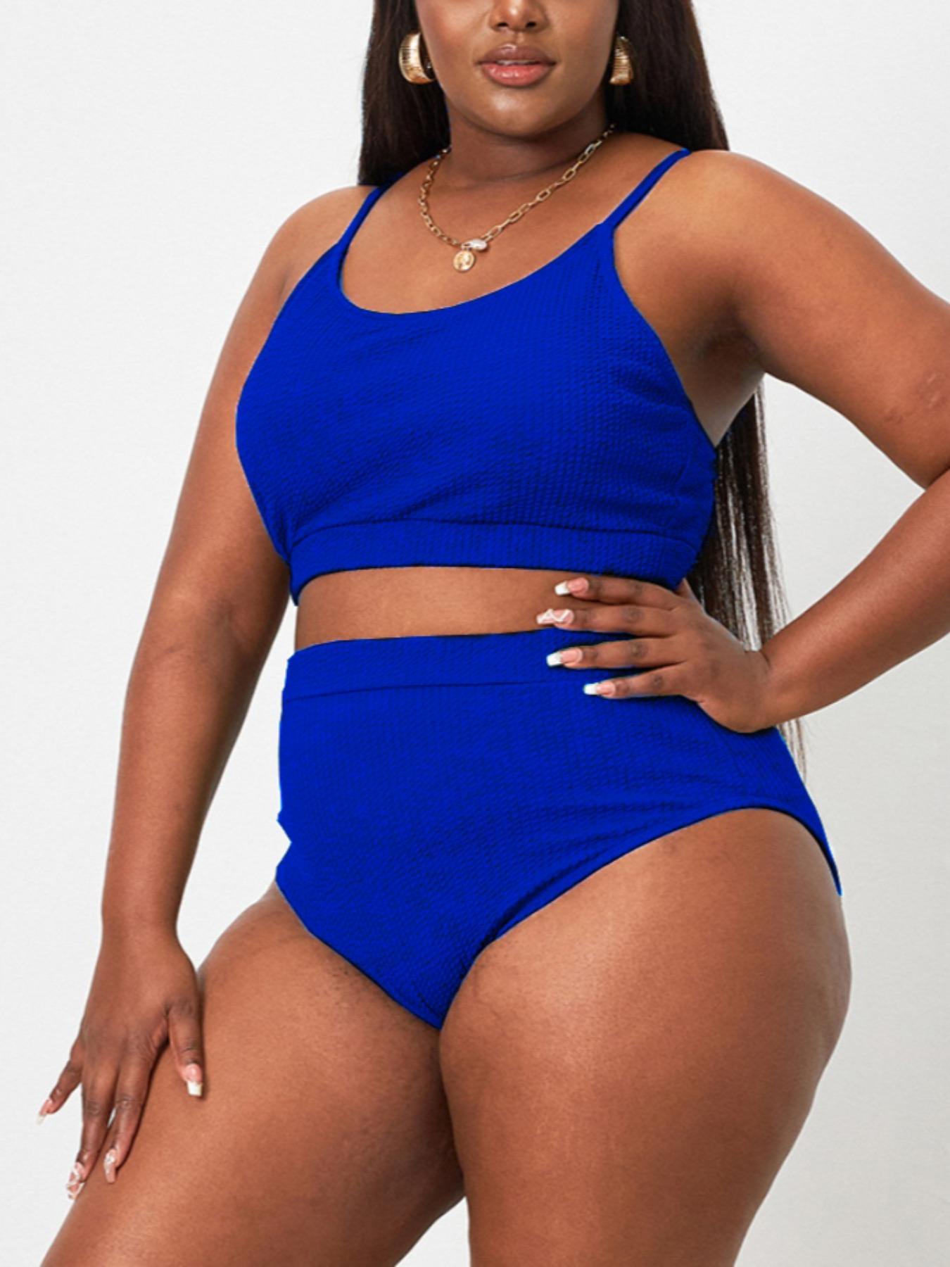 [Plus Size] Plain Ribbed Swimsuits, Casual Spaghetti Strap Cami Swim Top & High Waist Swim Bottom Bikini Sets for Summer, Swimsuit for Women, Women's Swimwear for Beach Holiday, Tankini Outfit, High Waisted Swimsuit, Swim Tankini Tops