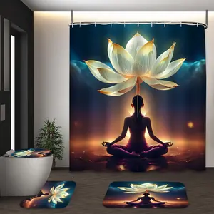 LVRLVR 4Pcs Meditation Woman Silhouette Glowing White Lotus Spiritual Zen Modern Relax Art Style Dark Teal Gold Purple Tone Shower Curtain Set 70.8×70.8 Inch