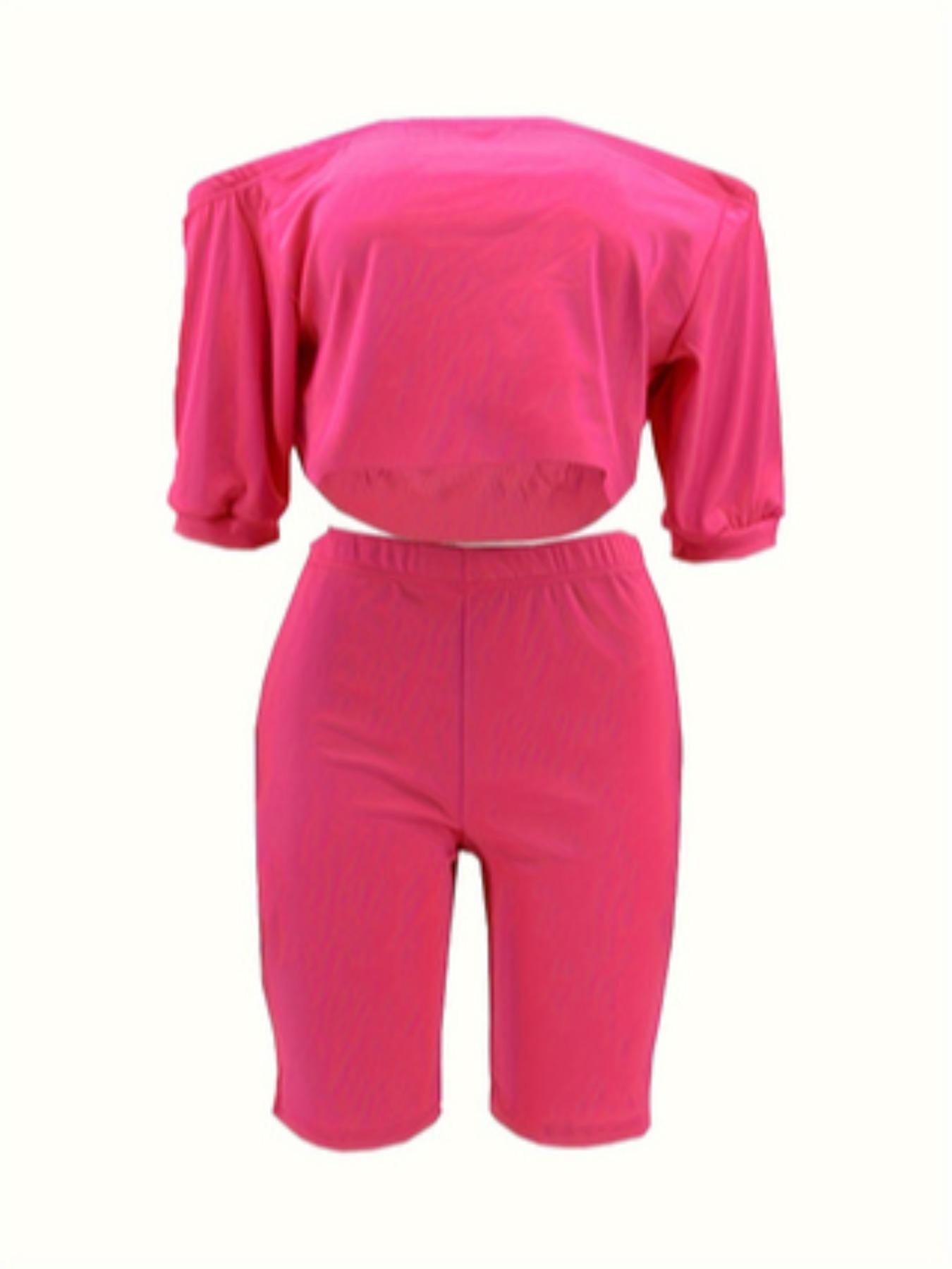 Women's Solid Jersey Ruched Off Shoulder Crop Top & Elastic High Waist Shorts Set, Casual Fashion Half Sleeve Top & Fitted Skinny Shorts, Ladies Summer Clothes