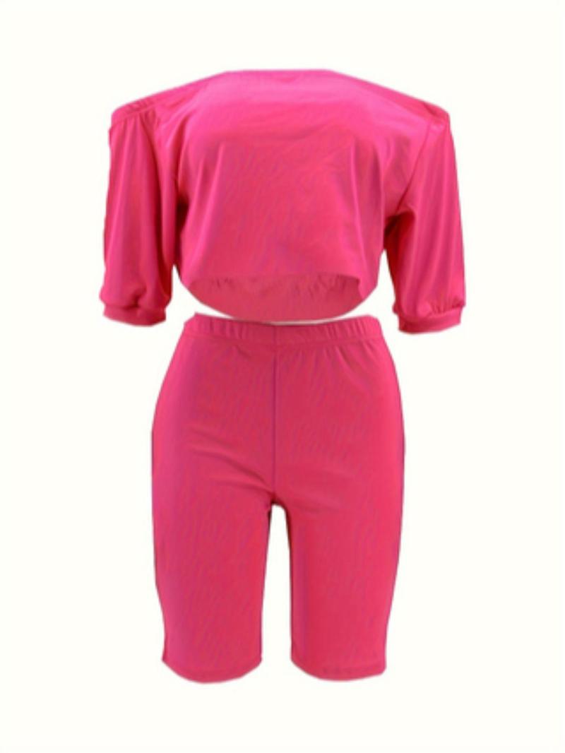 Women's Solid Ruched Off Shoulder Crop Top & Elastic Waist Shorts Set, Casual Fashion Half Sleeve Top & Skinny Shorts, Ladies Summer Clothes