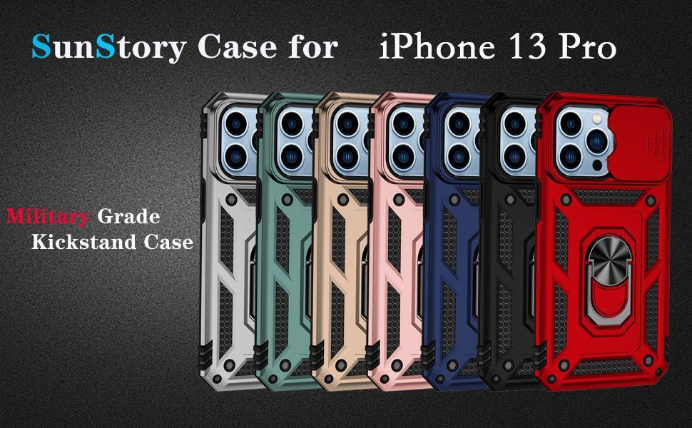 SunStory Compatible with iPhone 13 Pro Case with HD Screen Protector & Slide Camera Cover & Rotated Ring Kickstand, [Military-Grade] Phone Case for iPhone 13 Pro 6.1"(Red)