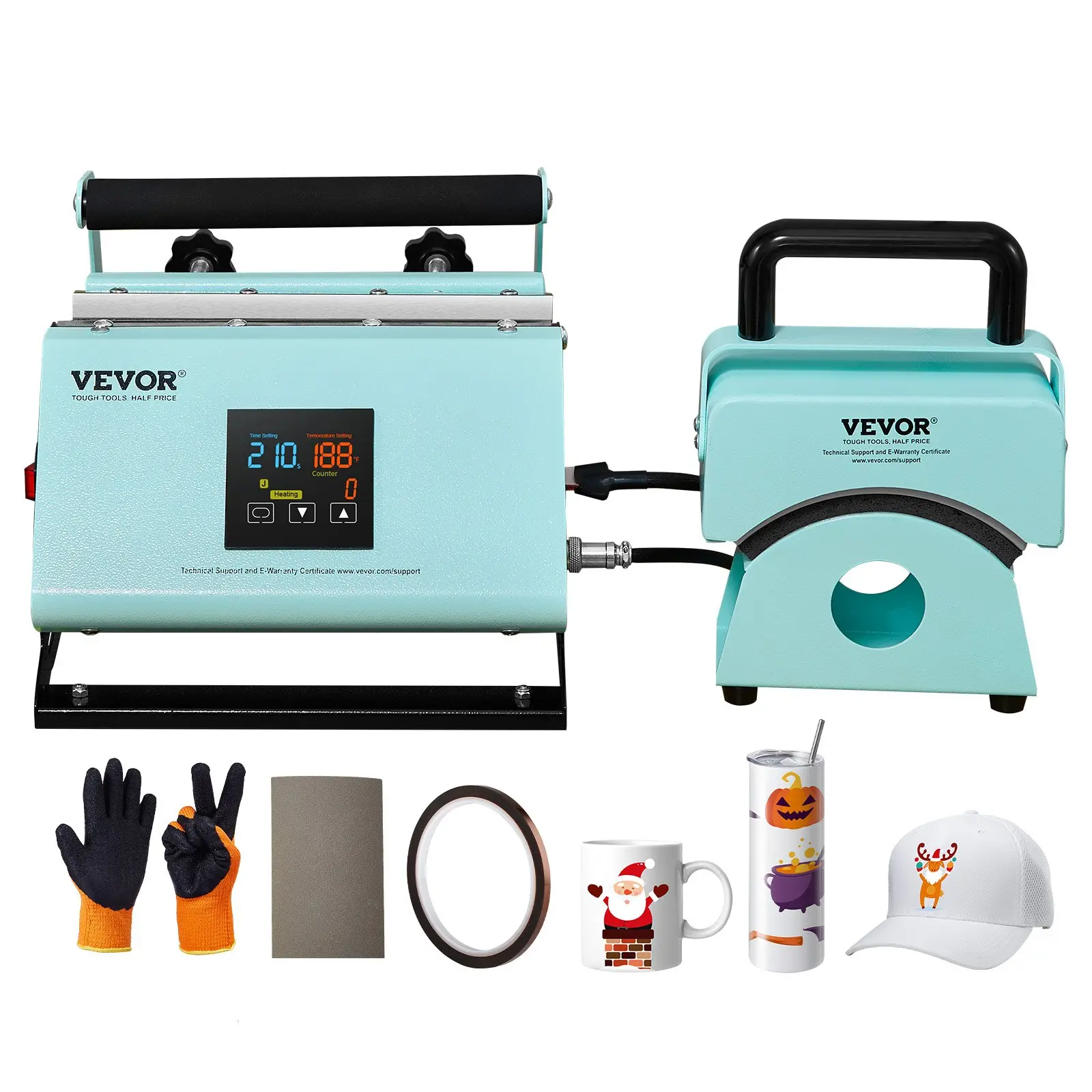 VEVOR 2 in 1 Tumbler and Hat Heat Press Machine, Mini Hat Heat Press for Caps and Hats, Tumbler Heat Press for 11-30oz Sublimation Tumblers and Mugs, Temperature and Time Control, Green