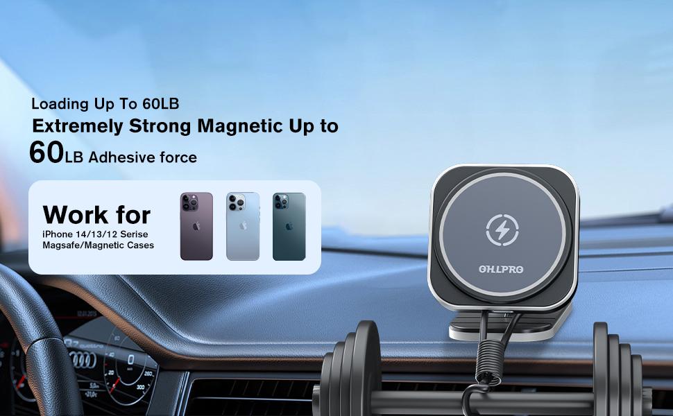 OHLPRO for MagSafe Car Charger, Magnetic Wireless Car Charger Mount with Fast Charging for iPhone 14/13/12 Mini/Pro/Pro Max/Plus, Stick on Dashboard, Air Vent Hook Car Phone Holder, Aluminum