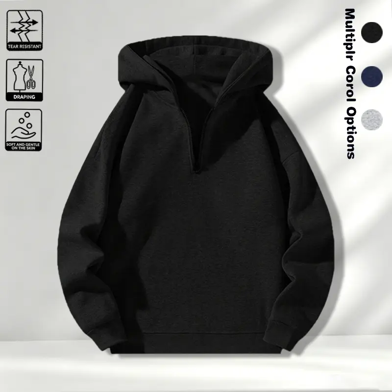 Solid color half zip hooded sweatshirt for men in spring and autumn, loose fitting, shoulder down, versatile basic style, casual pullover top