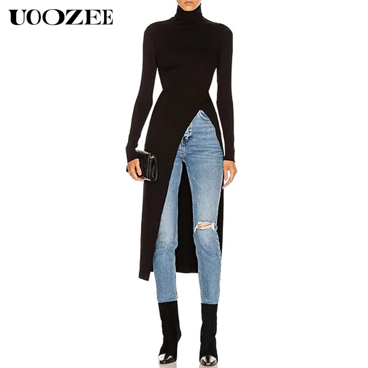 UOOZEE Women's simple tight solid color split high collar long sleeve knitted top, elegant casual, with a strong sense of design, elastic and comfortable fabric, suitable for daily leisure and commuting fall clothing women office outfits