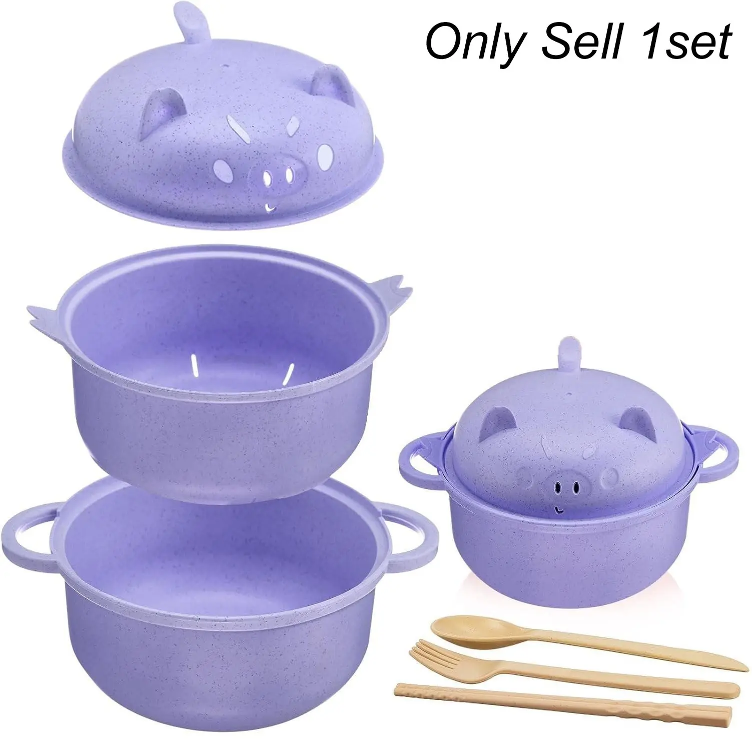 Large 40 Oz Ramen Bowl Set, Microwave Safe Bowls, Cute Pig Design, Includes Straw, Filter Lid, Handle, Spoon, Chopsticks, Fork, Home, Dorm, College Gift