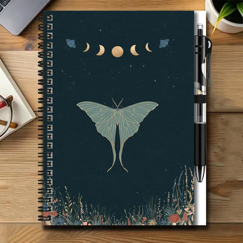 A set of dreamy starry sky and moon phase butterfly 2D cover spiral notebook with pen, a great aid for work and study, perfect for recording daily plans and inspiration. Exquisite design, high quality, whether as a graduation gift, birthday present, or fo