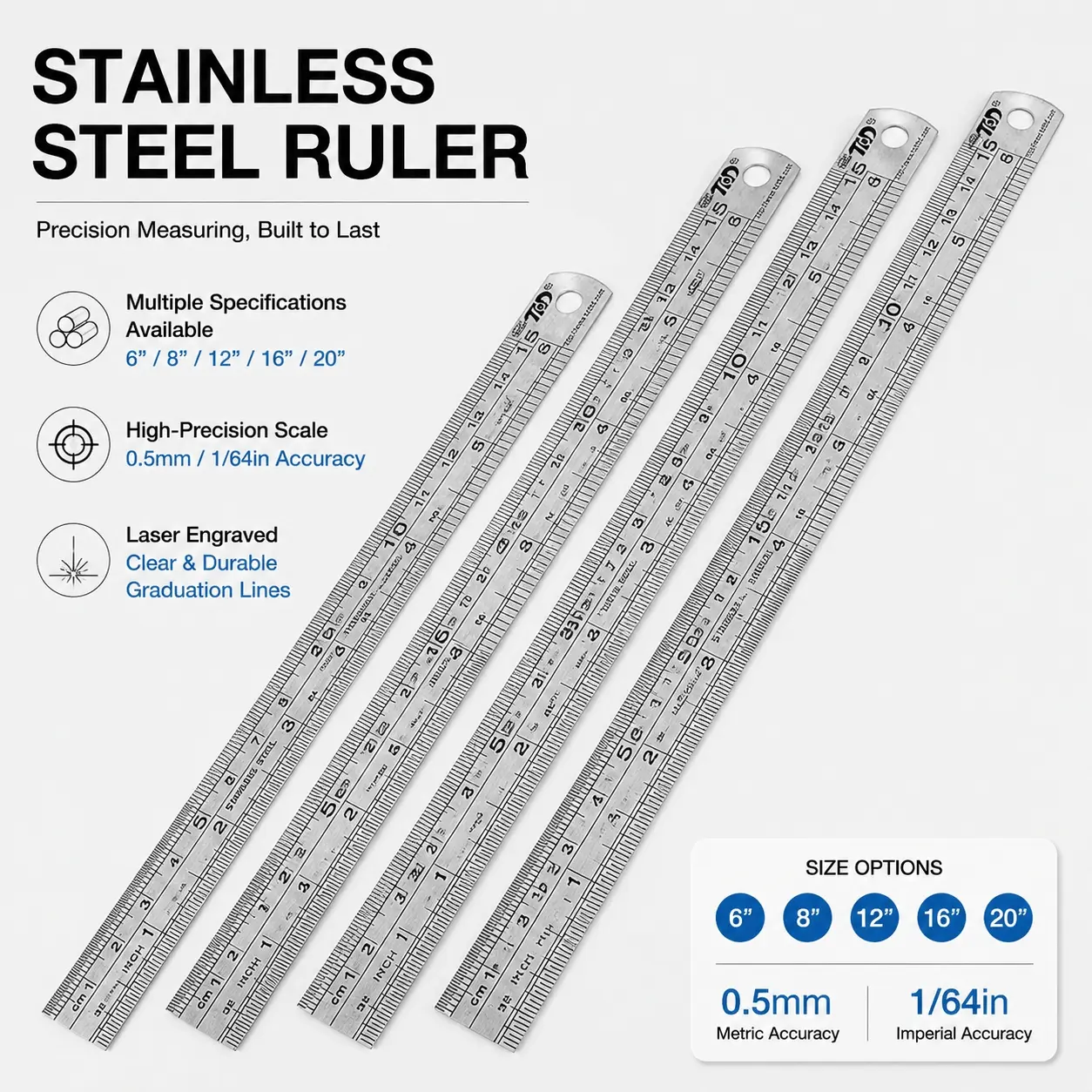 Stainless Steel Ruler, Anti-Slip Corrosion-Resistant Double-Sided Scale, Precision Drafting & Engineering Drawing Tool for Architectural Model Making, Mechanical Design, Durable, Measuring Instrument