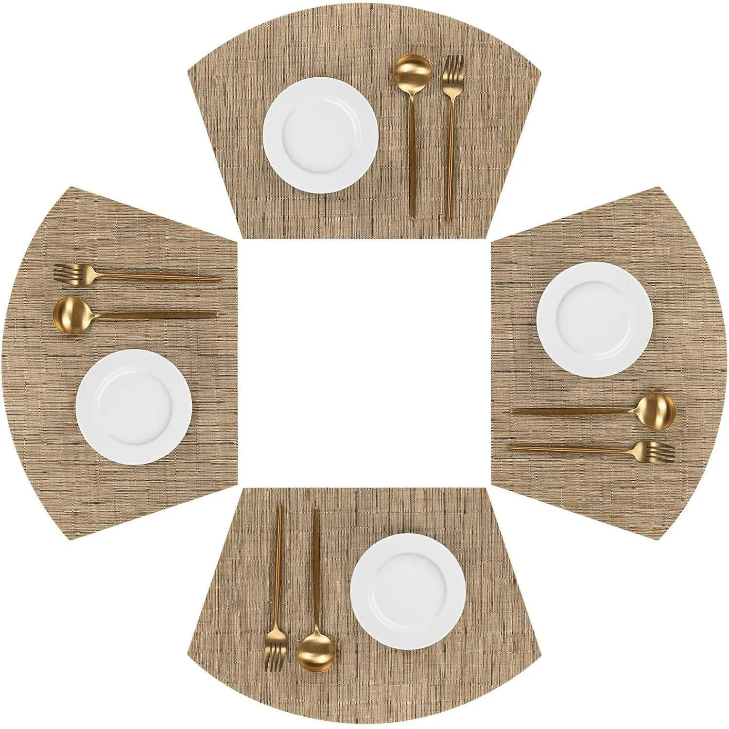 Wedge-Shape Woven Vinyl Placemats Set of 4 - Stylish Plastic Indoor Table Top Mats for Round Table, Wipe-Clean Kitchen Dining Curved Mats (Tan)