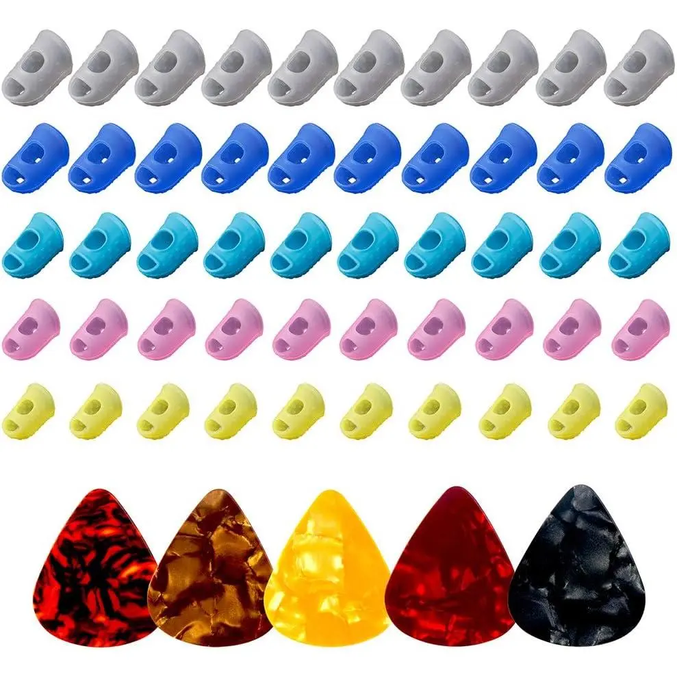 50 count  Guitar Finger Guards 5 Sizes Fingertip Protectors | Finger Covers Caps, With picks, For Acoustic Stringed Instruments Players, Sew Embroidery Use, Anti Slip