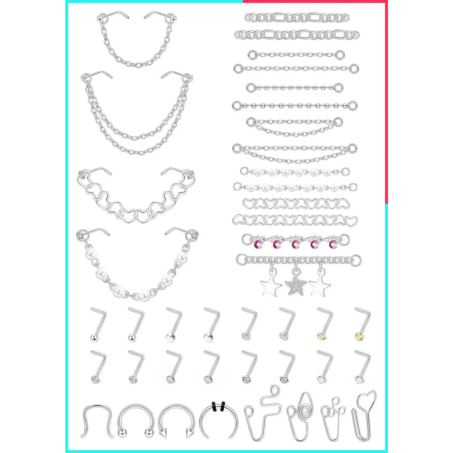 Stainless Steel Horseshoe Nose Rings with Chain, African Star Heart Studs, Nose Cuff, Septum Chain Body Piercing Jewelry Set for Women Men, Silver