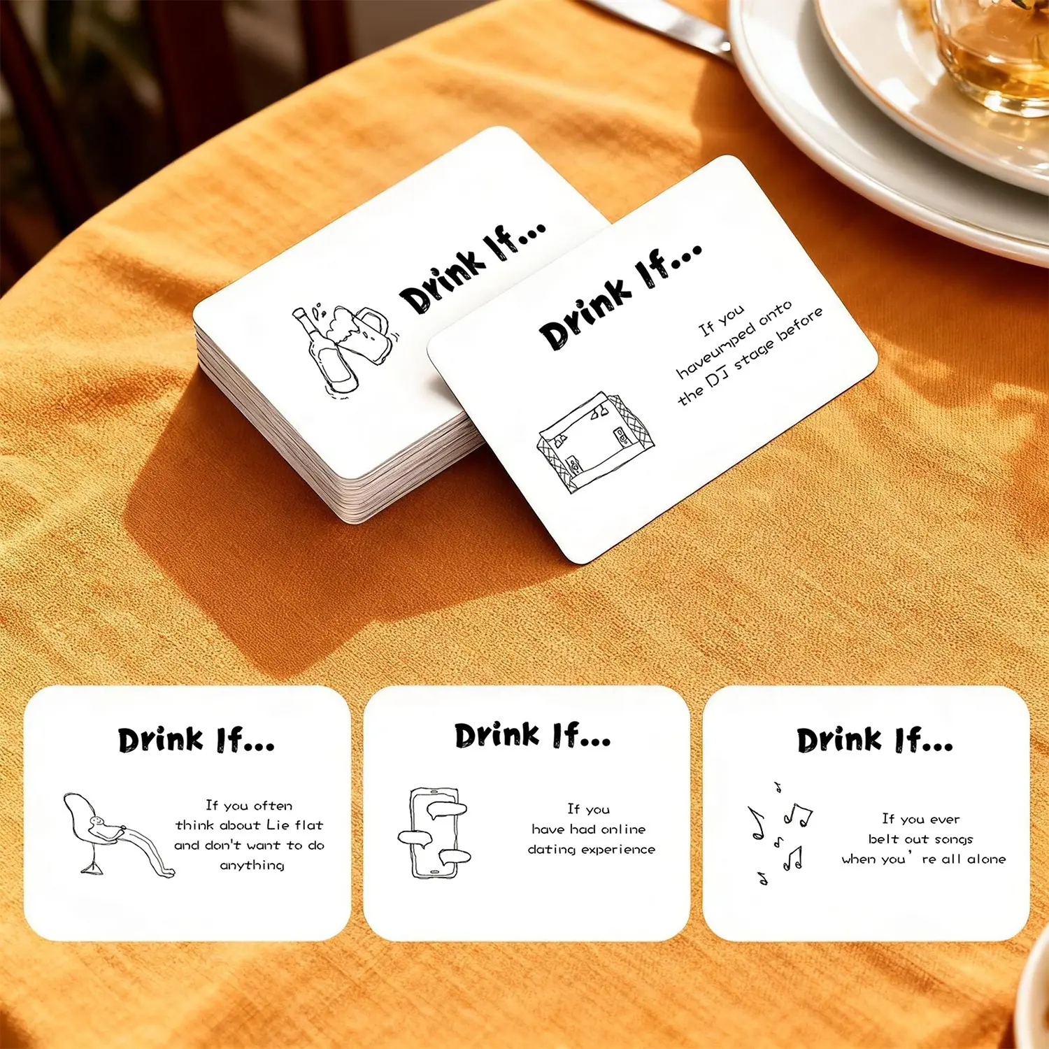 100 party game cards, white cards with black text, fun game cards