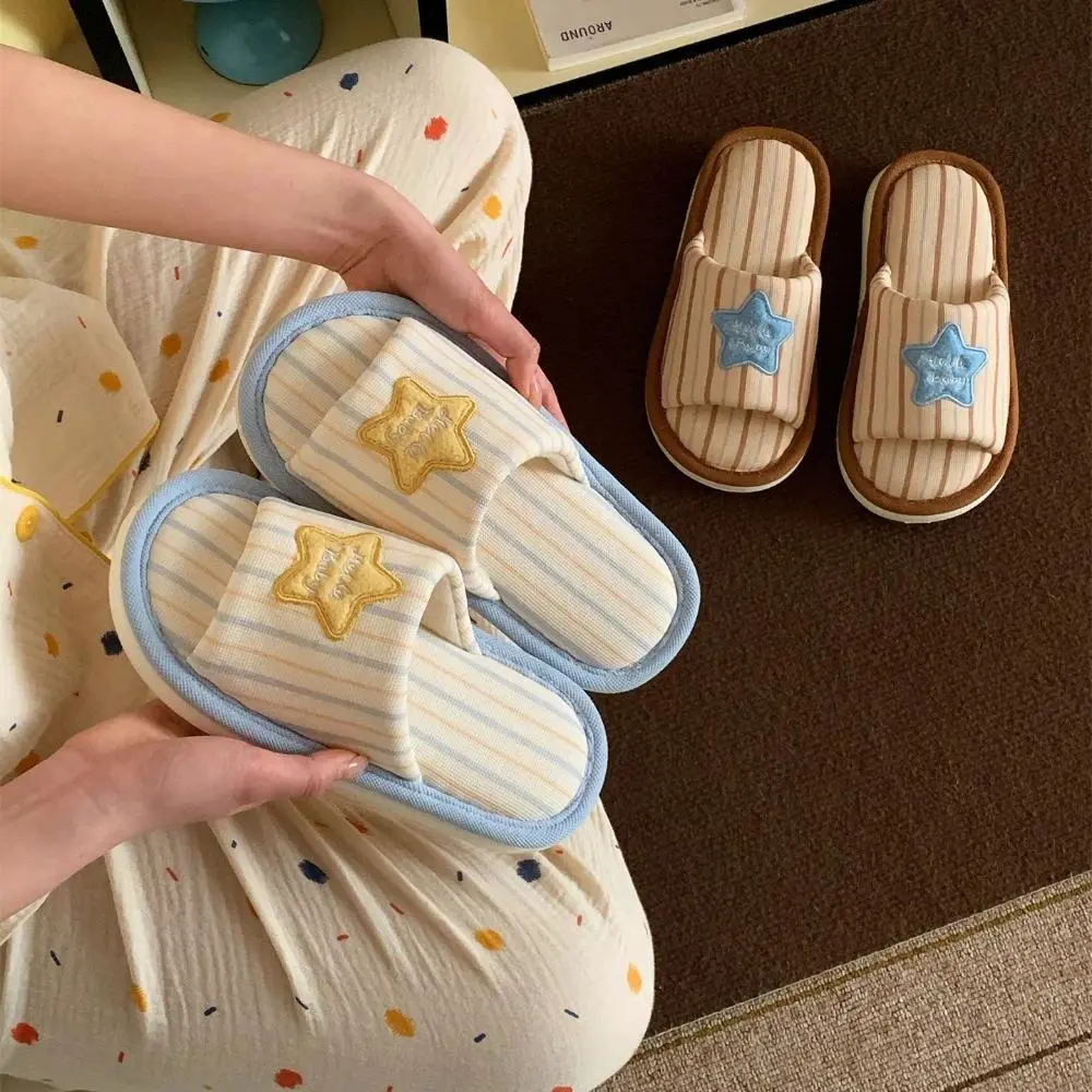 Korean Striped Star Cotton Linen Slippers Summer Women Sweet Cute Silent Non-slip One-band Comfortable Indoor Home Slippers
