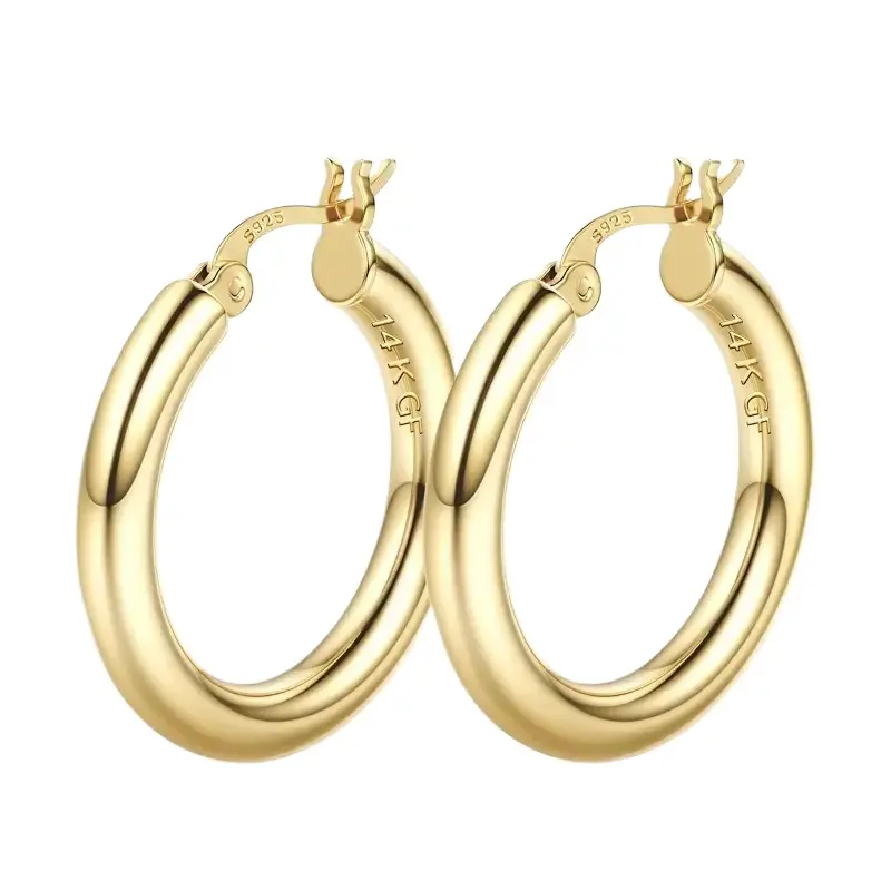 14K Gold Plated Chunky Hollow Tube Hoop Earrings For Women, 4mm Thick Large Hoops With 925 Sterling Silver Posts, Hypoallergenic Lightweight Gold Earrings Available In 25/30/40/50/60/70MM Sizes, Daily Fashion Gold Jewelry Accessories