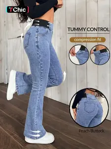 Gilipur Y2K Women's Mid-Rise Flared Jeans, Light Blue Washed Denim, Elastic Waist, Bell Bottoms, Kardashian Style Streetwear