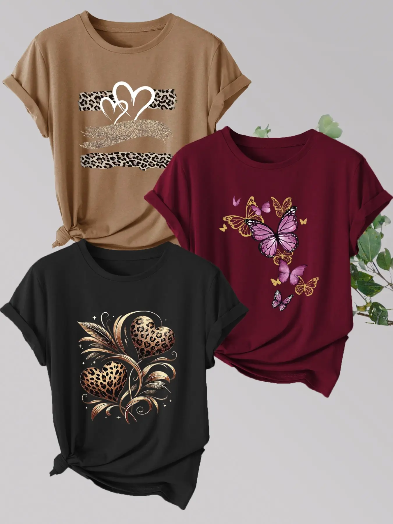 3-Pack Women's Casual Everyday T-Shirts, Leopard Heart Butterfly Print, Polyester, Round Neck Short Sleeve, Spring Summer Comfort