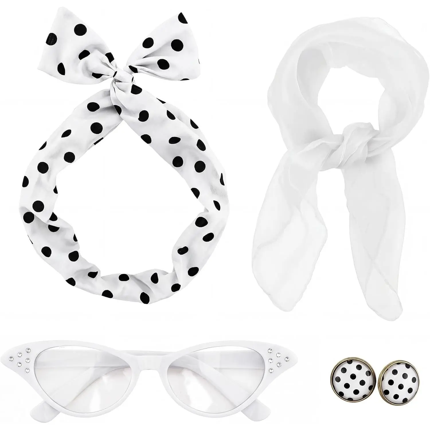 50s Set 50's Costume Accessories Chiffon Scarf  Eye Glasses Bandana Tie Headband Earrings for  Party