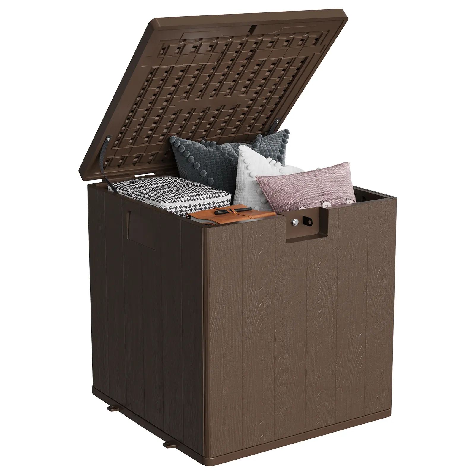 Resin Deck Box 28 Gal Waterproof Lockable Storage Chest - Rattan-Grain Outdoor Organizer for Patio Cushions, Garden Tools; UV-Resistant, Tool-Free Assembly, Doubles as Bench (150 lb)