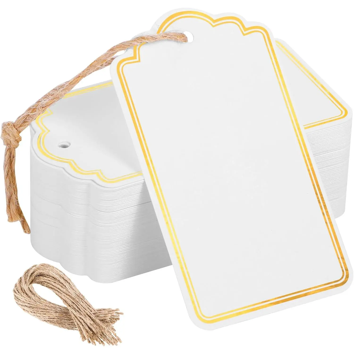 120 PCS Tags with String Gold Foil Metallic Gift Tags Writable Blank Tag for Baby Shower Birthday Wedding Presents Labeling Mother's Day DIY Craft Project 3.5''×2''