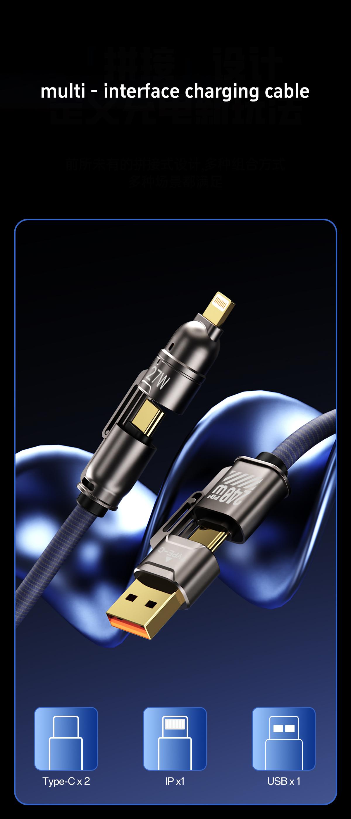 Navy Blue 4-in-1 Fast breathing Charging Cable for Apple Lightning & Android Type-C Devices Braided Wires Compatible with Mobile Phones Laptops Tablets Cellphone Charger 240w USB-C PD Long Cord Bend Resistant