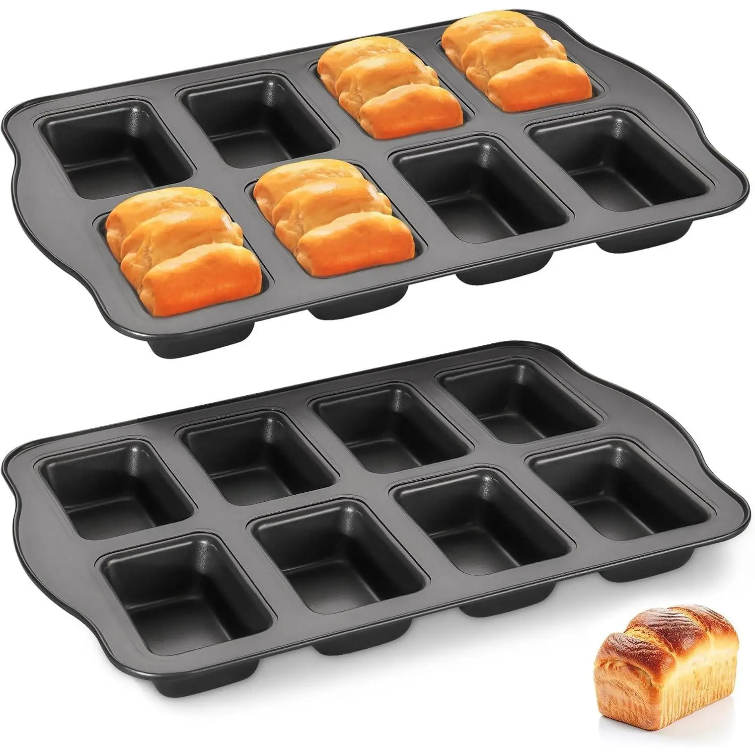 2 Pack Mini Loaf Baking Pans 8-Cavity, Nonstick Small Cornbread Pan, Tiny Banana Bread Pan Set, Heavy Duty Brownie TIn, Dark Grey