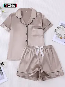 2-piece set of women's plain satin fabric, solid color short sleeved shorts, soft and comfortable, skin friendly and smooth top, small pocket lapel design, button closure elastic waistband, home daily casual Homewear Pajama Set women's sleepwear set