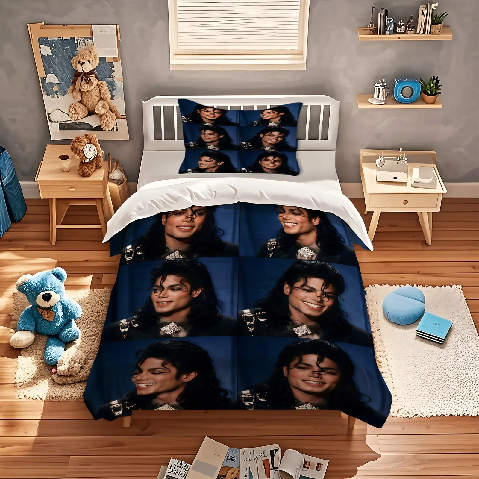 2/3pcs Comic Realistic Mixed MJ Graphic Print Duvet Cover Set, Classic Pop Icon Portrait, Unique Street Style Bedroom Bedding (Insert Not Included)