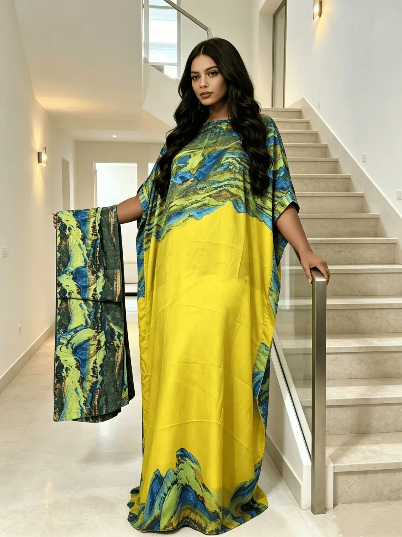 Bright Yellow Blue Green Mountain Marble Fluid Print Satin Kaftan Maxi Dress With Matching Head Scarf, Silky Soft Loungewear Nightgown Pajama Dress, Oversized Batwing Villa Resort Cover Up, Boho Summer Dress, Fits Plus Size Curvy Figures