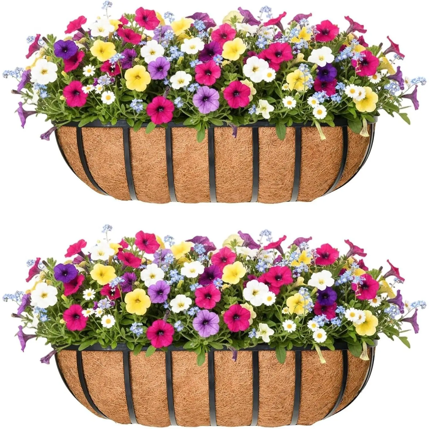 24'' Window Box Railing Planter with Coco Liner,2 Pack Horse Trough Planters Black Metal  Flower Planters Basket for Porch Fence Patio Indoor Outdoor Lawn