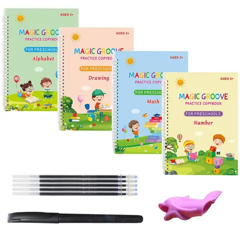 4-Pcs Reusable Handwriting Copybook Set for Kids, Handwriting Practice Kit with Magic Pens, Preschool School Educational Learning Supplies