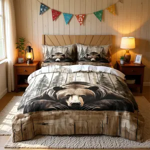 Wilderness Forest Brown Bear Pine Pattern Duvet Set, Warm Retro Wooden House Style Bedding Set (1 Duvet Cover+1/2 Pillowcases, Without Padding), Suitable For Teenagers And Adults, Guest Rooms, Dormitories, Master Bedroom Scenes