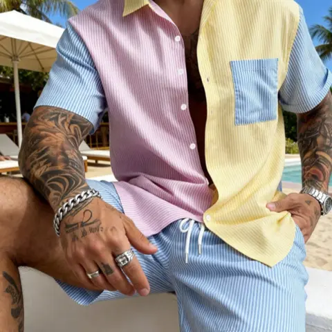 Men's Casual Fashion Comfortable Two-Piece Set, Shorts Set Outfit, Striped Colorblock Design Short Sleeve Button Shirt with Shorts, Tropical Beachwear Style
