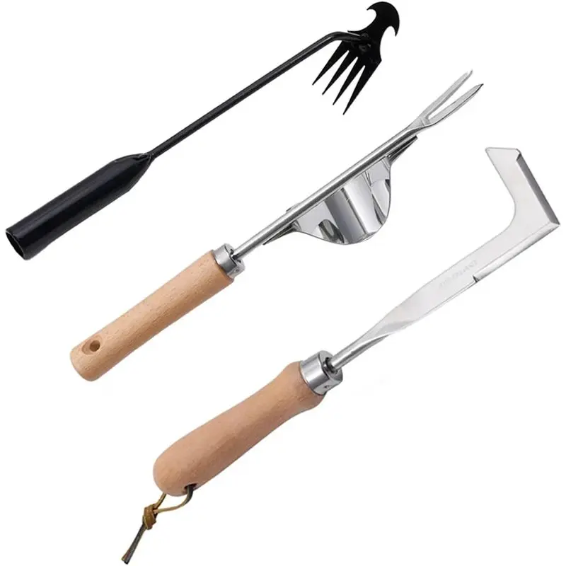 3 Pack Manual Stainless Steel Weed Puller Tools - V-Shaped Tip Weed Removal for Pavers/Sidewalks, L-Shape Crevice Sickle, Paving Brick Moss Remover, Lawn Edger, Driveway Digger