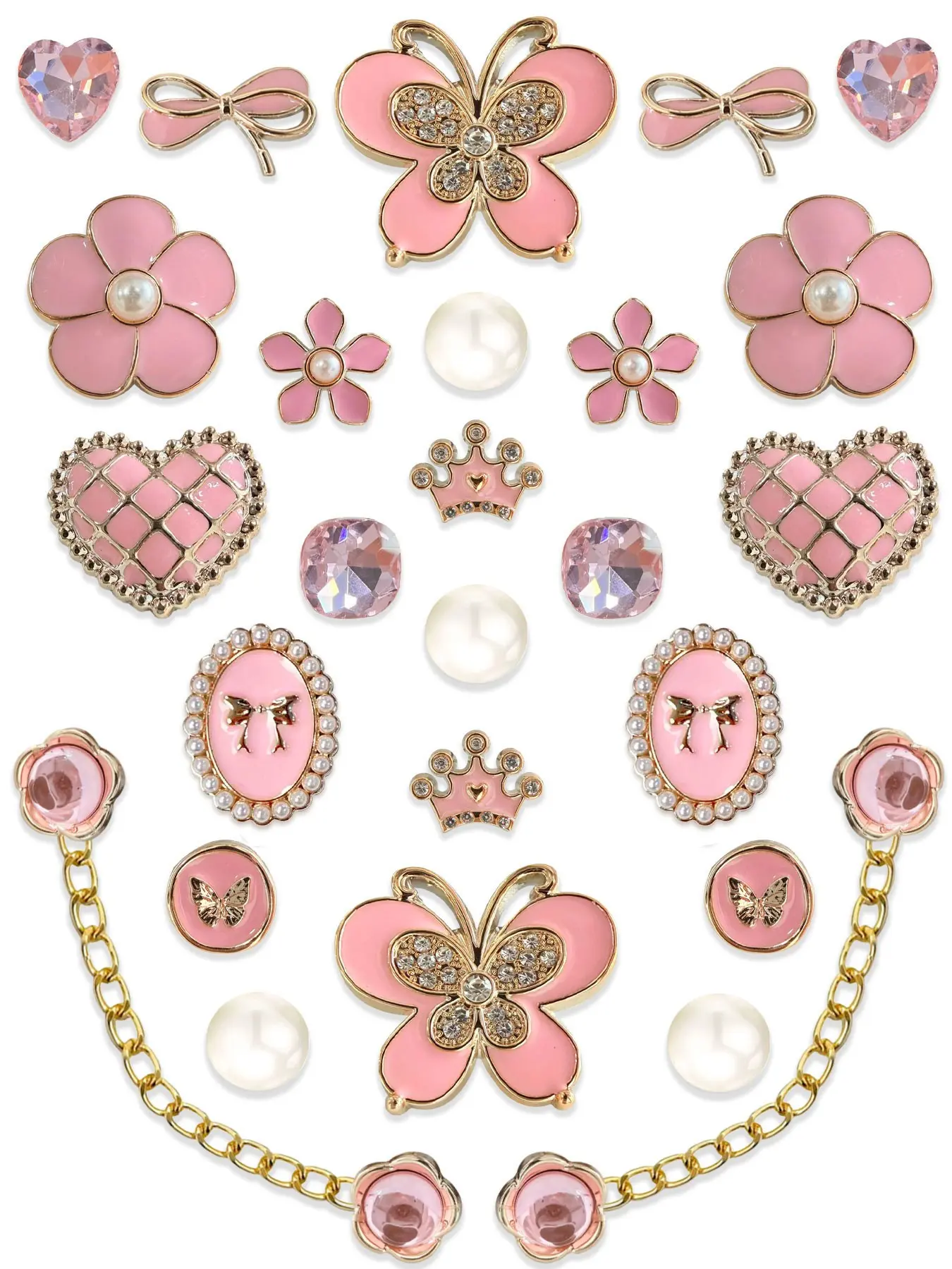 26pcs Gold Sparkle Resin Shoe Buckles, Butterfly Heart Crown Chain DIY Shoe Decorations, Decorative Shoe Accessories, Hole-In-Shoe Accessories, Sparkling Shoe Charms, Shoe Embellishment Set