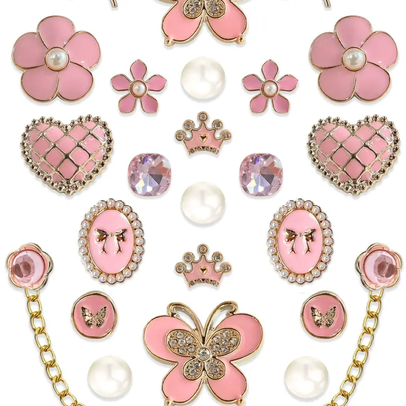 26pcs Gold Sparkle Resin Shoe Buckles, Butterfly Heart Crown Chain DIY Shoe Decorations, Decorative Shoe Accessories, Hole-In-Shoe Accessories, Sparkling Shoe Charms, Shoe Embellishment Set