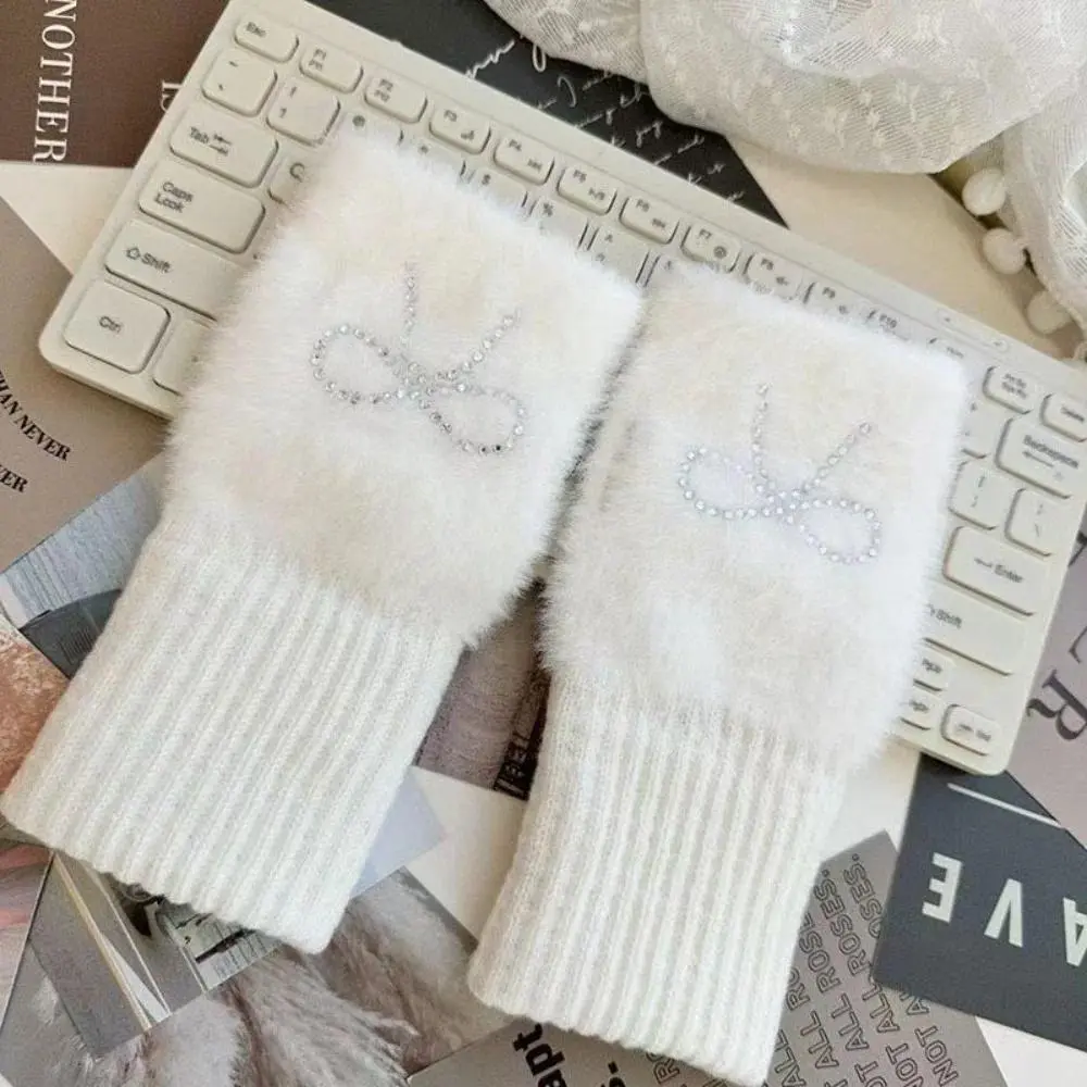 Coquette Bow Sparkly Rhinestone Fingerless Gloves for Women, Soft Knitted Warm Half Finger Mittens, Cute Y2K Texting Typing Winter Gloves Gifts