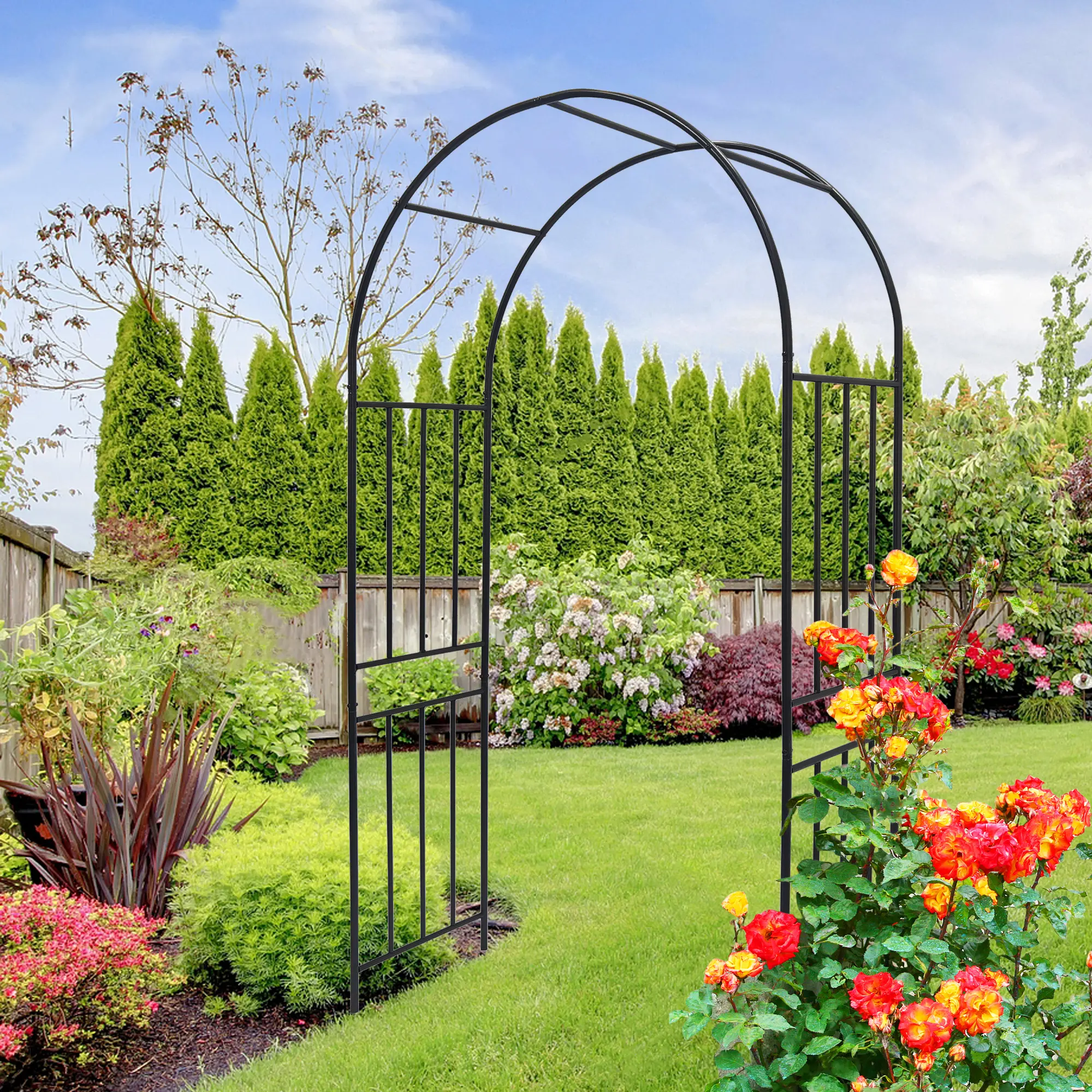 ARCH Metal Garden Arch Trellis for Climbing Plants, 42.24L x 17.52W x 85.82H in, Powder Coated Iron Arbor for Rose Ivy Clematis Jasmine, Outdoor Yard Patio Walkway Decorative Support, Black, Black Color Options, Iron Material, Product Dimensions: