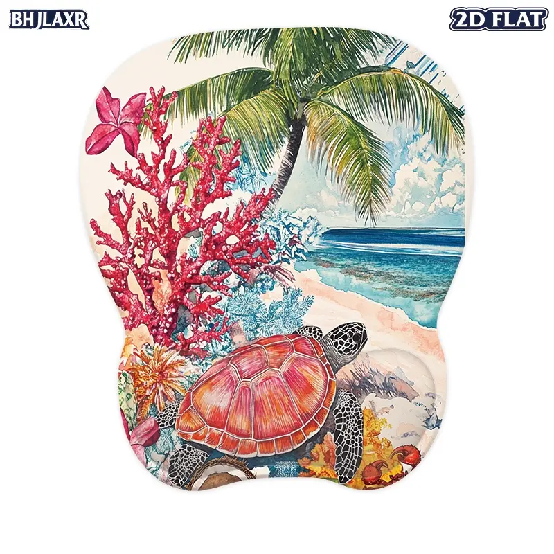 1Pc 2D Flat Ergonomic Mouse Pad with Wrist Support, Tropical Sea Turtle Pattern Mouse Wrist Rest with Soft Comfortable Surface, Non-Slip Base, Aesthetic Desk Decor for Home Office, Gaming Setup